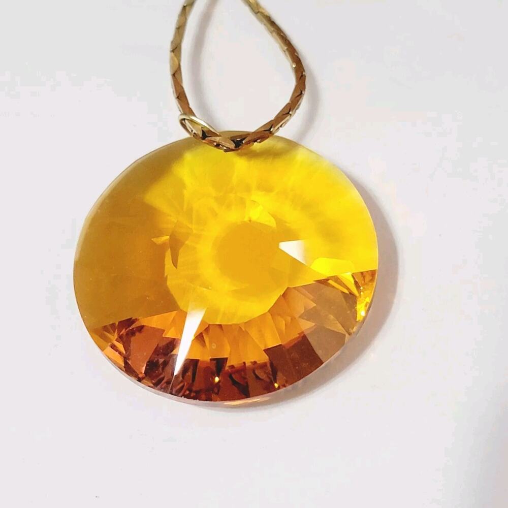 Large Faceted Glass Pendant Necklace Gold-tone Snake Chain Vintage Orange rd0325
